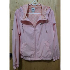 Vans Pink Hooded Windbreaker Jacket With Checkered Lining & Drawstrings Sz M